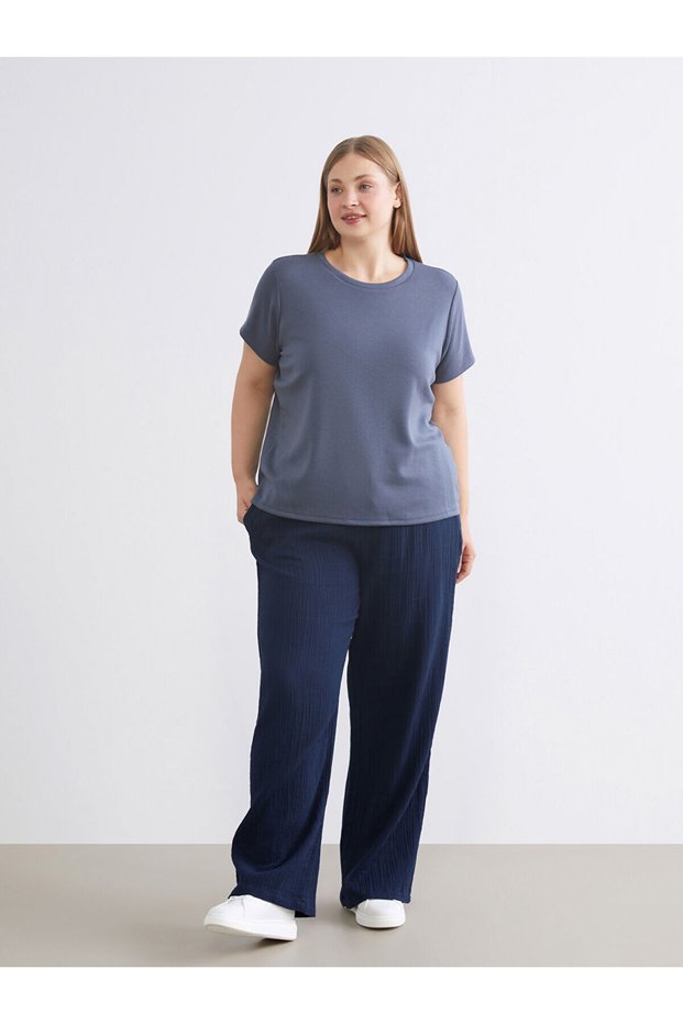 Özmarka New Season Elastic Waist Textured Wide Leg Women's Trousers