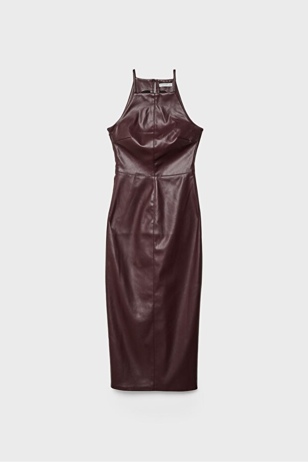 Suni deri midi elbise - 5