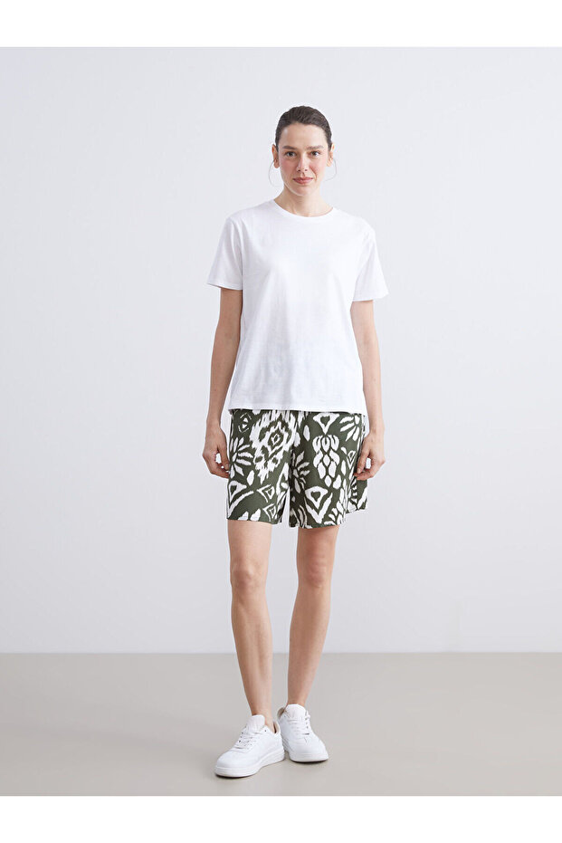 Green Patterned Women's Shorts with Elastic Waist