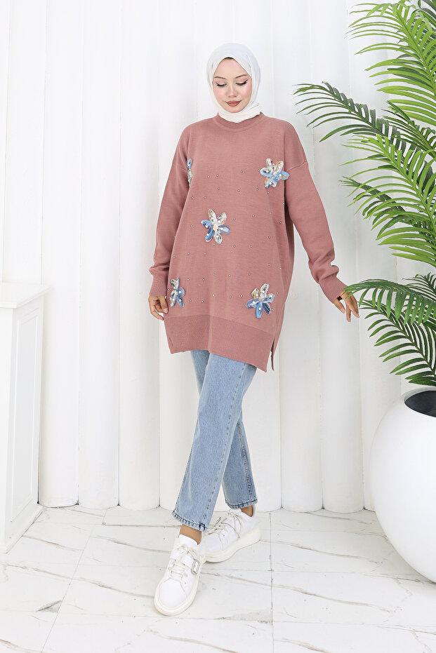 Çiçekli Triko Tunik S3010 Gül - 1
