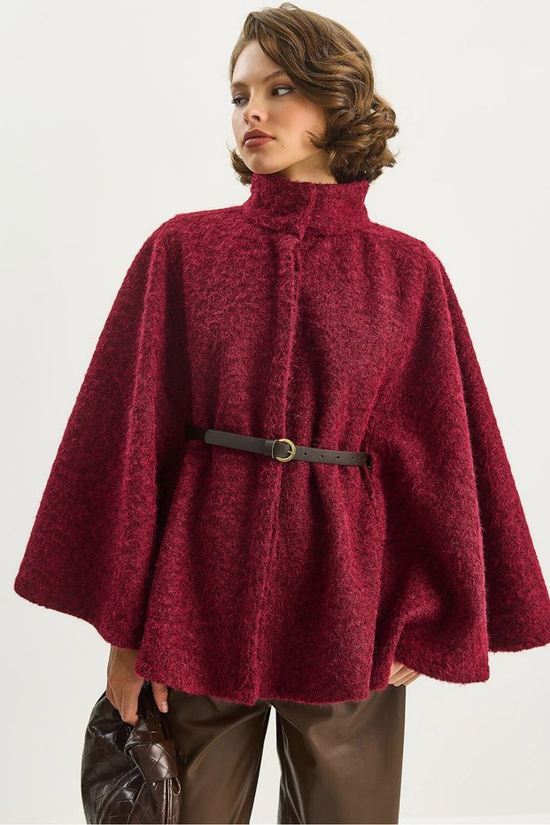 Women's Burgundy Boucle Fabric Araboy Belted Cashmere Poncho 8014 60284101