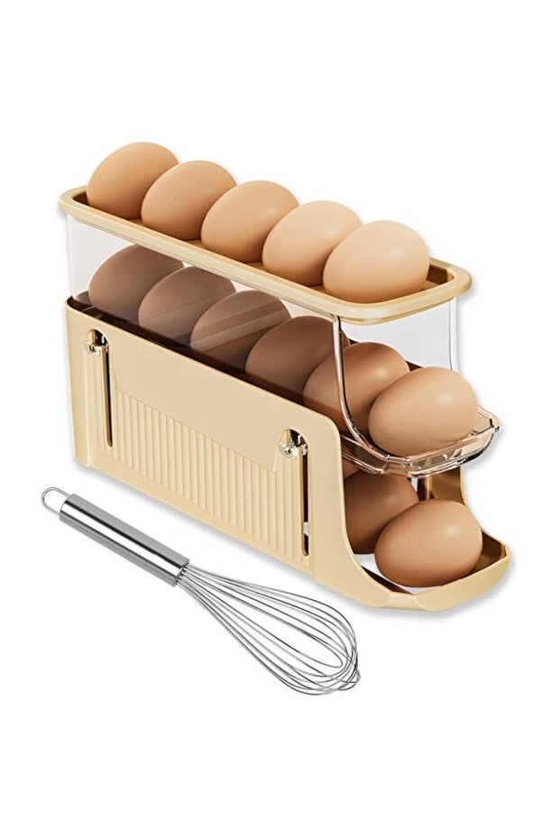 TERRIFI 1Pc Egg Holder for Fridge, 1Pc whisk, 3 Tier Egg Dispenser, Stackable Refrigerator Egg Stora