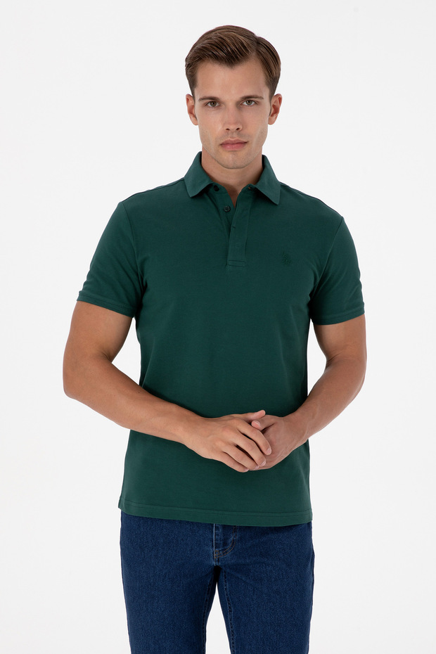 Men's Slim Fit Polo Collar Dark Green Basic T-Shirt 50306015-Vr079