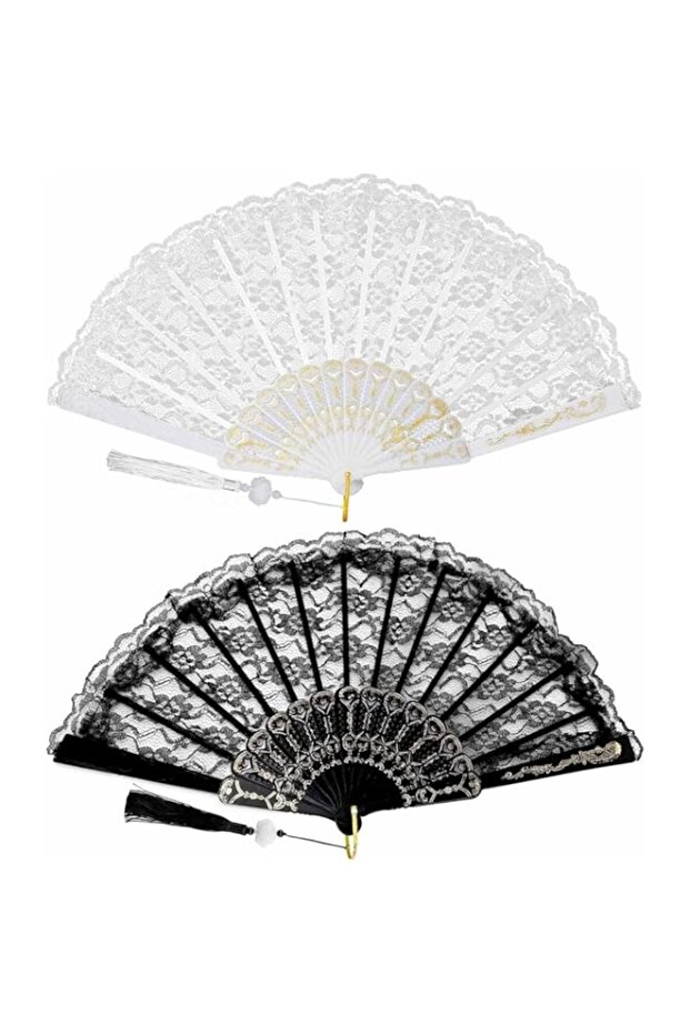 Tazweeq 2 Pcs Lace Folding Fan, Handheld Bamboo Hand Fan with White Lotus Jade Tassel for Women, Wed