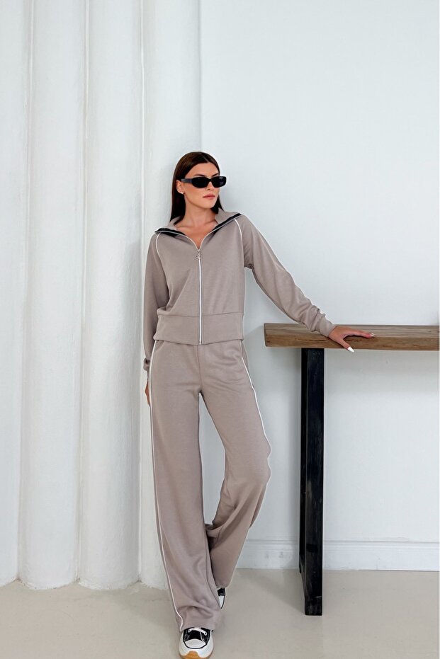 Gri Modal Kumaş Şeritli Eşofman Takımı - 1