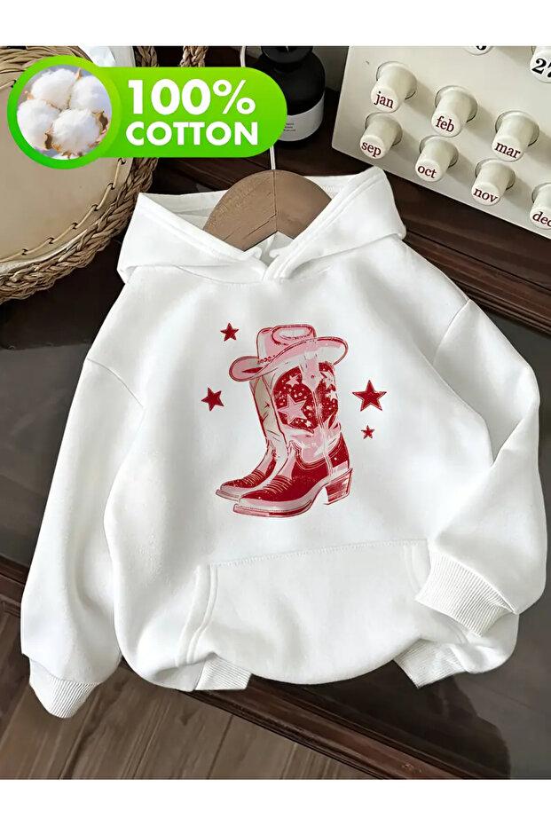 Women's Cowboy Boot Printed Oversize 100% Cotton Sweatshirt Hoodie