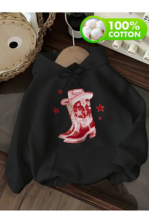 Women's Cowboy Boot Printed Oversize 100% Cotton Sweatshirt Hoodie