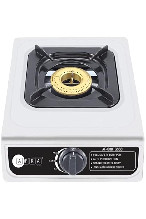 AFRA Single Burner Gas Stove, Compact Design, Cast Iron Burner, Enamel Pan Support, Stainless Steel
