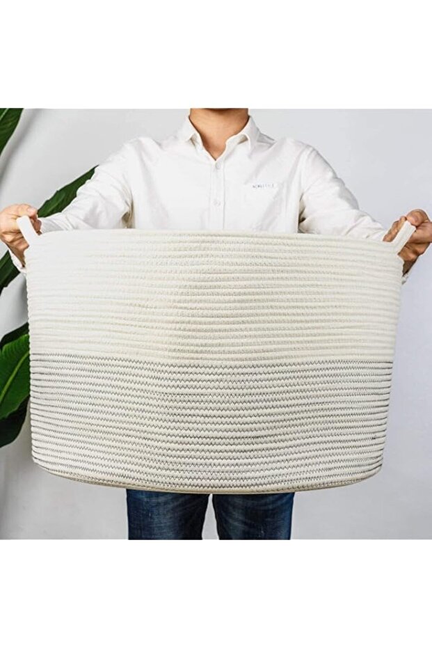 TOMVAES Large Basket 55x35cm Jumbo Woven Basket Cotton Rope Basket Baby Laundry Basket Hamper with H