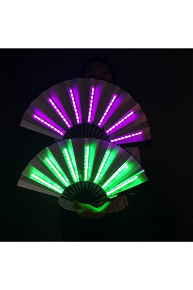 Folding Hand Fan, 2PCS LED Flashing Hand Fan, Chinese Bamboo and Nylon-Cloth Light up Folding Hand F