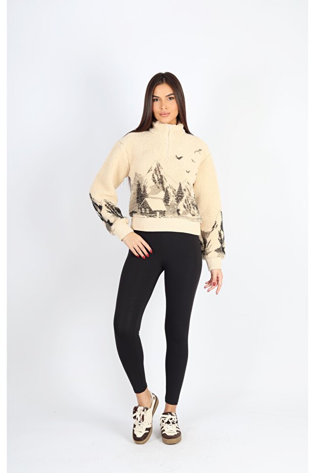 Üzeri Baskılı Fermuarlı Dik Yaka Peluş Hırka - 6