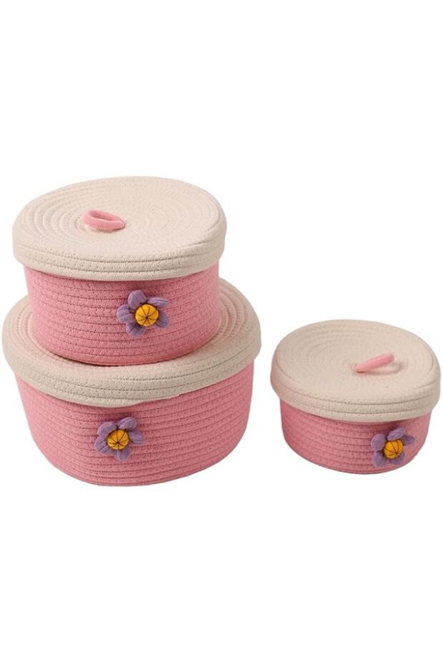TUWEI Cotton Rope Basket, 3Pcs Bright Color Cartoon Round Different Sizes Laundry Basket Laundry Ham
