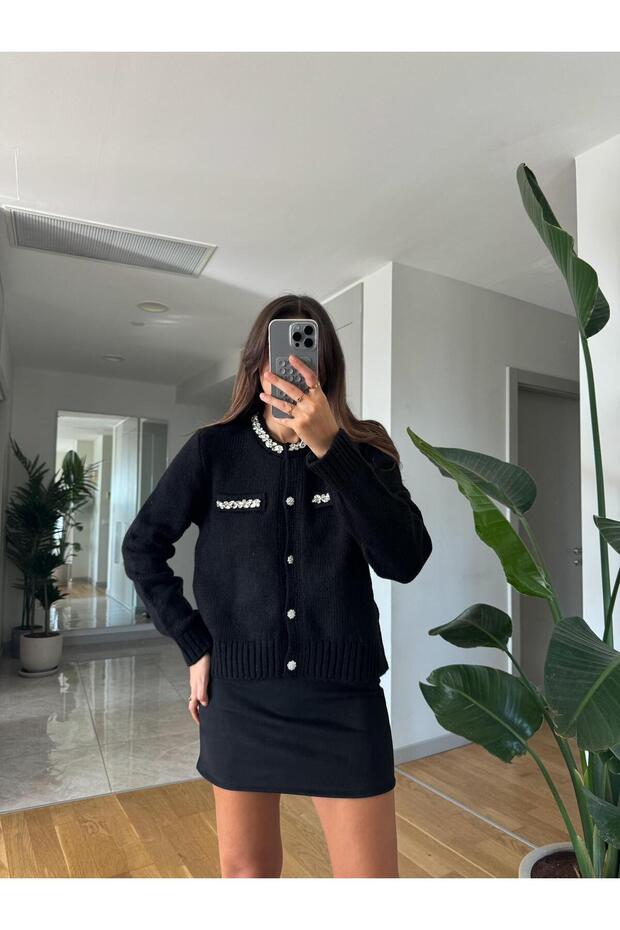 Black Women's Soft Cardigan with Stone Pocket Detail
