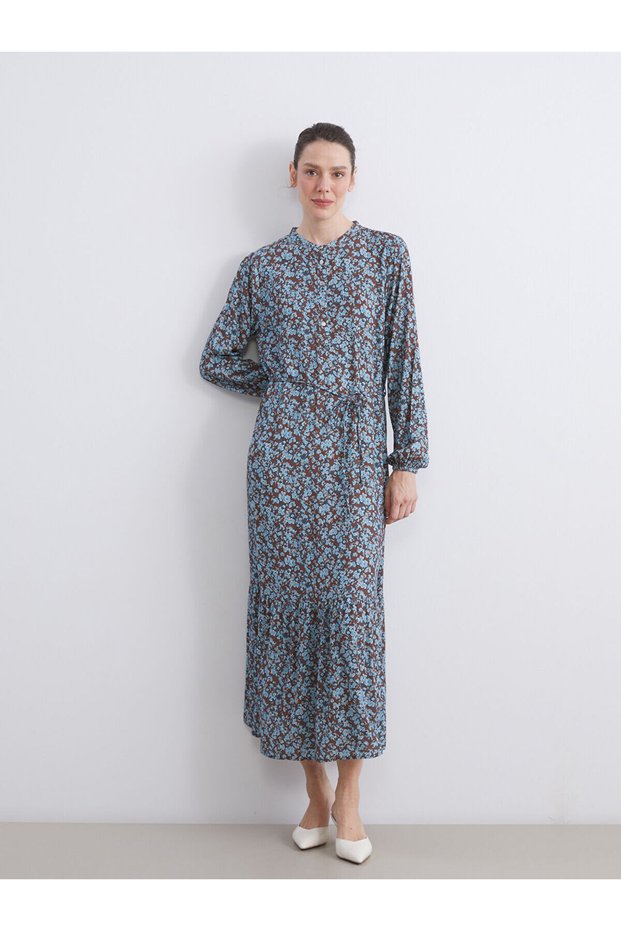 Özmarka New Season Crew Neck Floral Pleated Dress