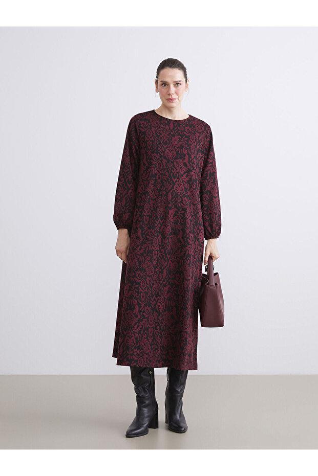 Burgundy Plus Size Crew Neck Patterned Dress