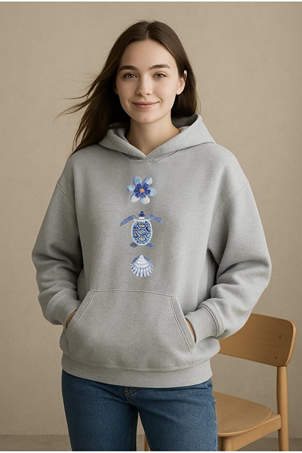 Oversize Unisex Women'S/Men's Hooded Sweatshirt with Turtlebeast Flower Print