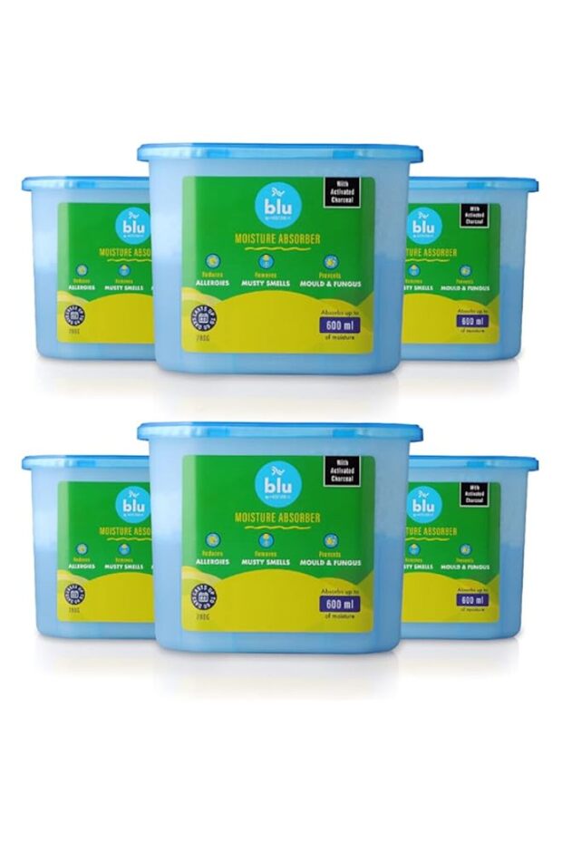 BLU by Absorbia|Moisture Absorber with Activated Charcoal|Pack of 6 (280 g X 6 Boxes) | Absorbs 600m