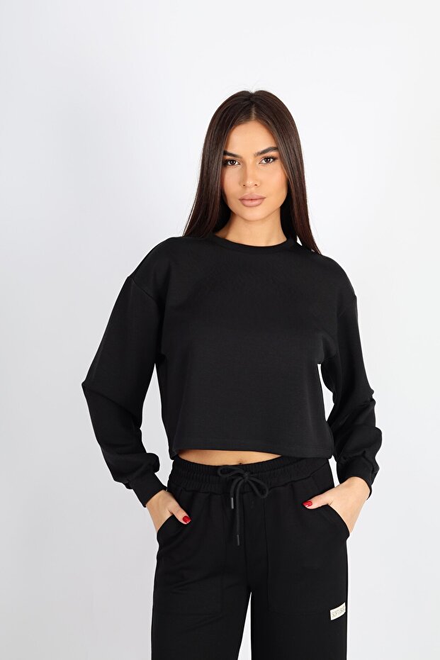 Bisiklet Yaka Crop Fit Siyah Modal Sweat - 1