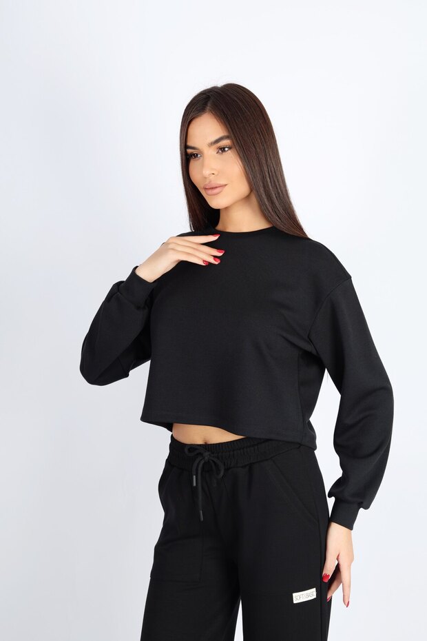 Bisiklet Yaka Crop Fit Siyah Modal Sweat - 2