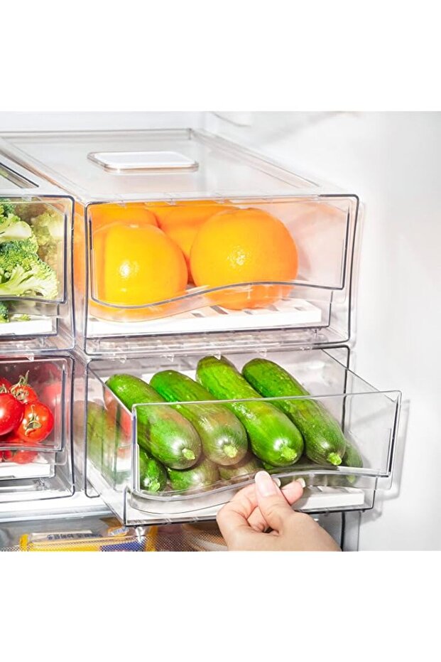 2 Pack Fridge Organizer Bins, Clear Stackable Refrigerator Drawers Pull Out, Reusable Food Storage C