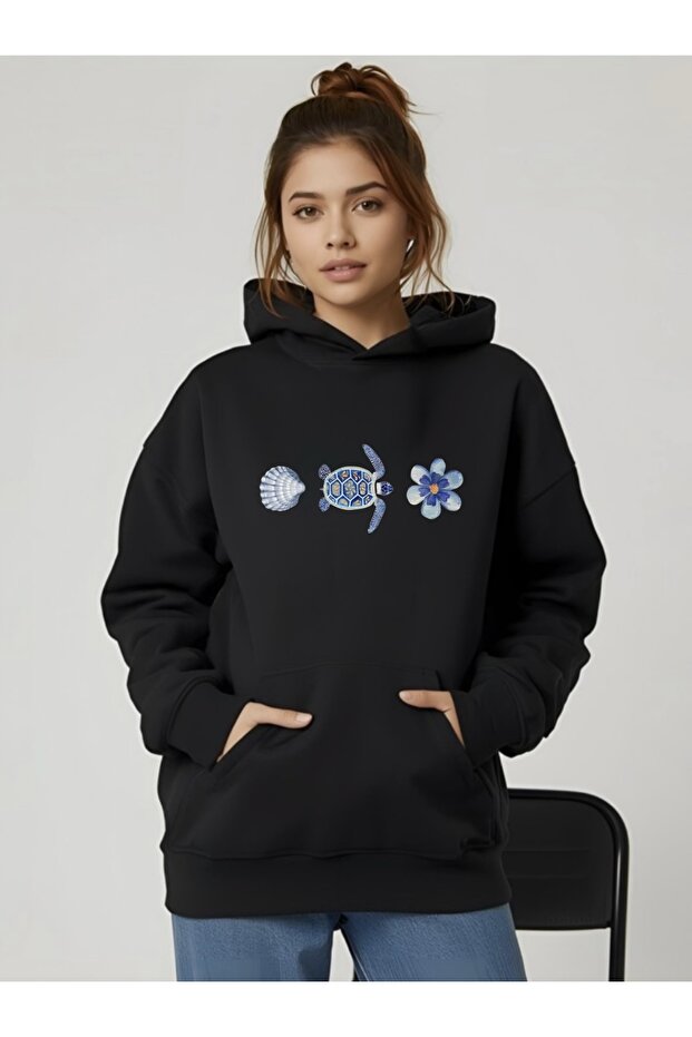 Oversize Unisex Women'S/Men's Hooded Sweatshirt with Turtlebeast Flower Print