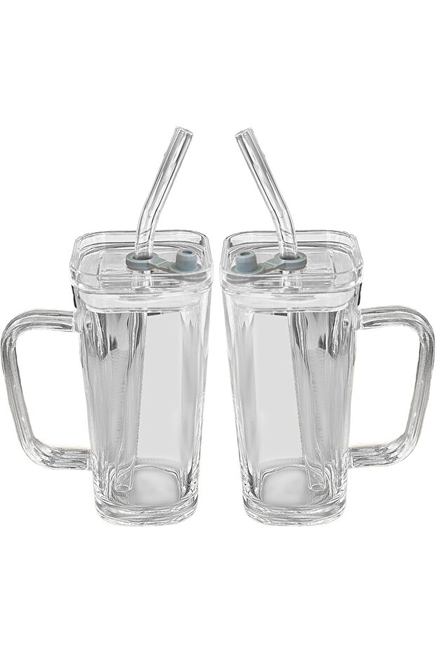 Glass Soft Drink Cup, 330 ml, with Straw and Handle, Clear Model, Transparent - 3
