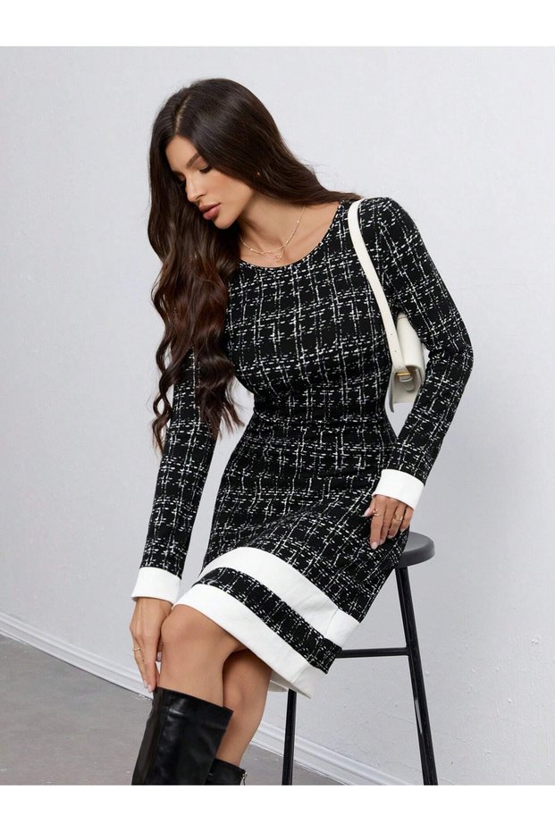 Women's Long Sleeve Round Neck Hem Tip Ribbon Detail Short Woven Dress