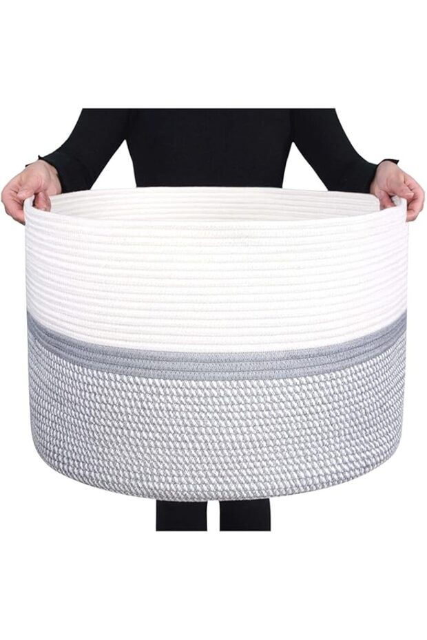 KisSun Extra Large Decorative Woven Cotton Rope Basket, Laundry Basket Blanket Basket Baby and Dog T