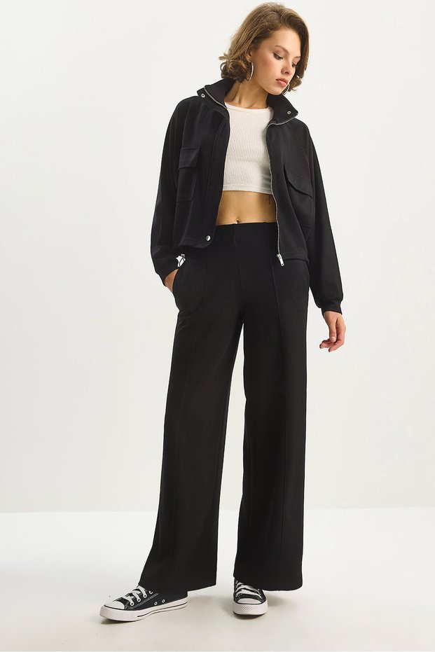 Women's Black Double Pocket Detailed Zippered Elastic Waist Jacket and Loose Trousers Modal Suit 4035 60283606