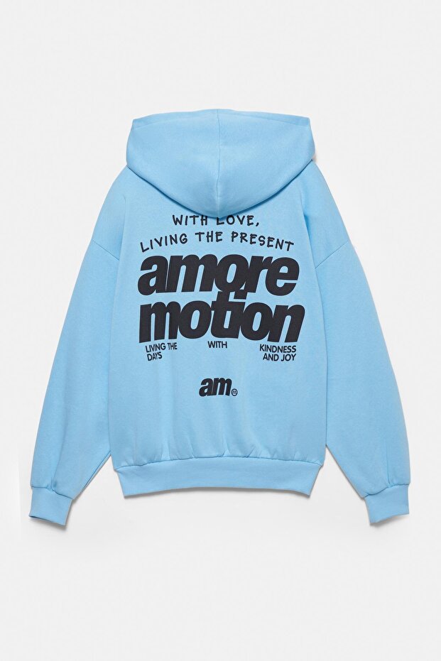 Grafik baskılı mavi kapüşonlu sweatshirt - 7