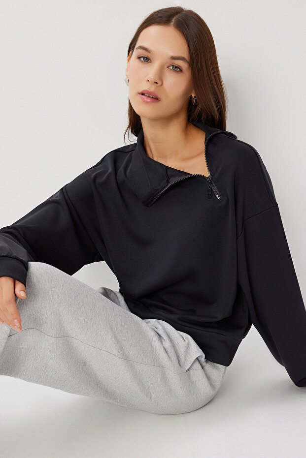 Soft Textured Side Zipper Modal Sweatshirt Lub0250 Black