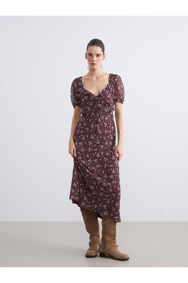 Texx Store Quality Lcw Vision Red Chiffon Floral Standard & Regular Sweetheart Neck Midi Dress