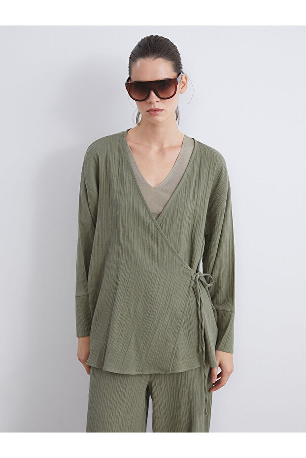 Alita City Lcw Vision Khaki Muslin Plain Women's Kimono with a Difference
