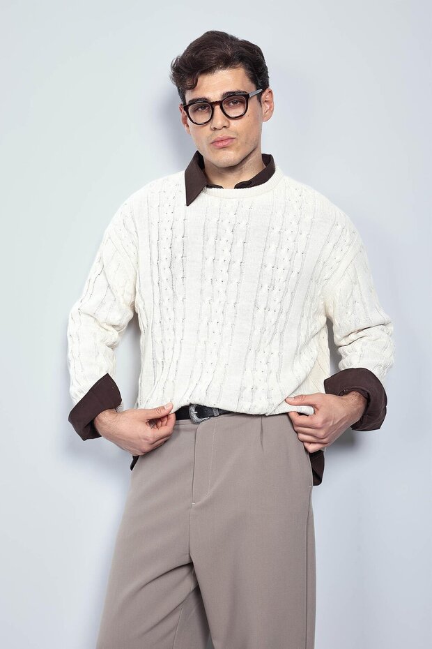 Erkek Oversize Örgü Desenli Triko Kazak Bej - 1