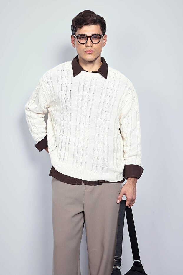 Erkek Oversize Örgü Desenli Triko Kazak Bej - 4