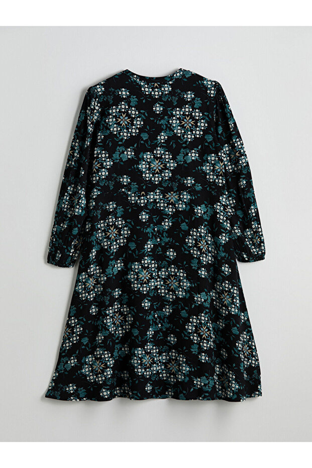 Siyah Kaçık Yaka Çiçekli A Kesim Elbise - 6