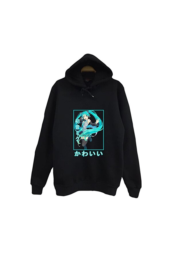 Hatsune Miku Anime Printed Unisex 100% Cotton Black Hooded Sweatshirt