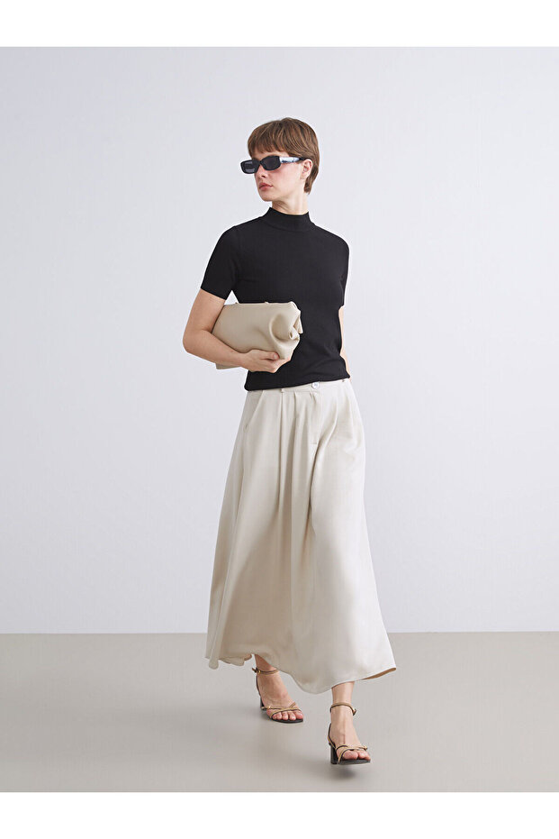 Ecru Linen Blend Pleated Skirt