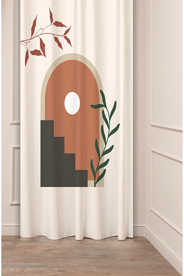 Leaf Vase Bohemian Minimalist Beige Cream Patterned Special Design Digital Printed (Single Wing) Stylish Background Curtain