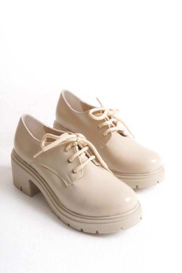 K-707 Bej Kırışık Rugan Yüksek Tabanlı Bağcıklı Loafer Ayakkabı - 4