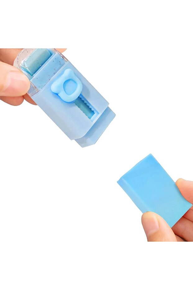 Eraser, Flippy, Bear Pattern, with 2 Refills, Pull-Push Adjustment, Rubber, Light Blue - 2