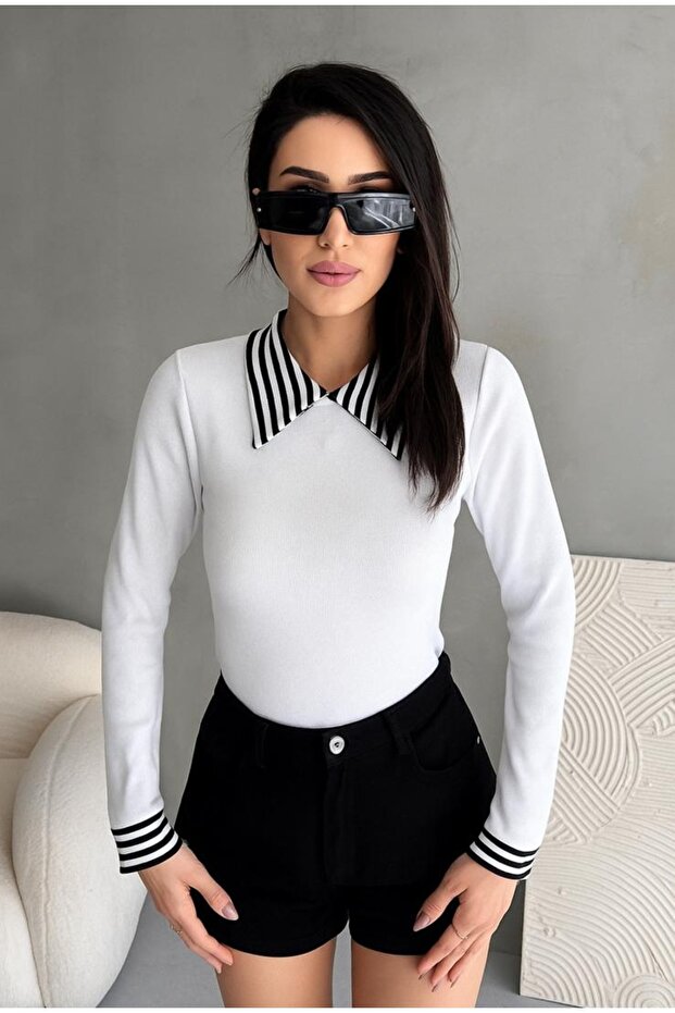 Women's White Black Polo Neck Ribbed Knitted Blouse