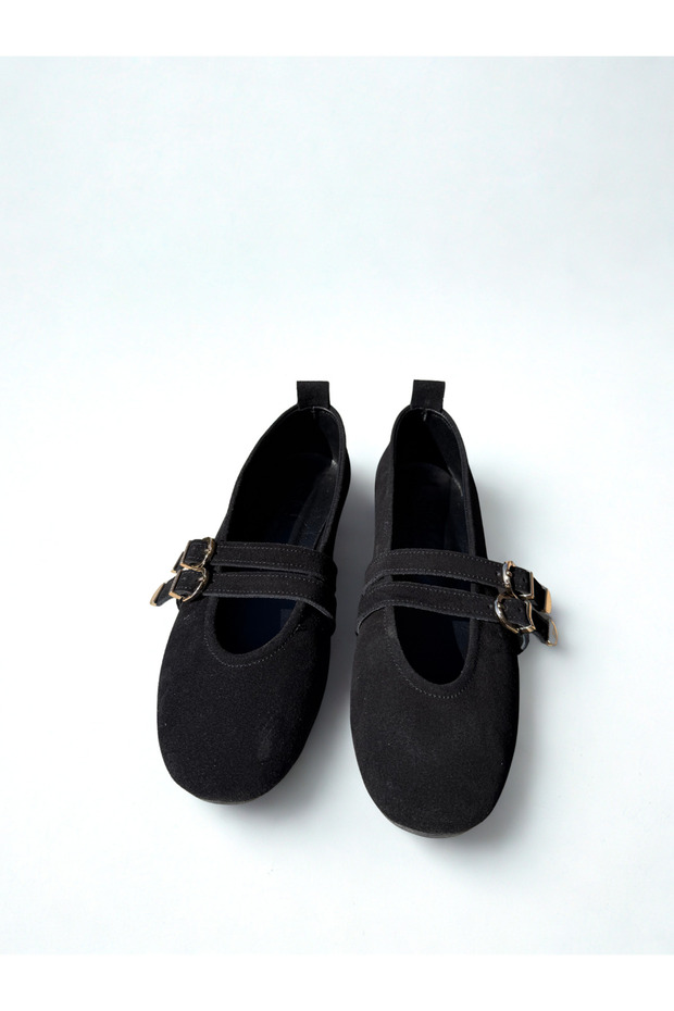 Genuine Leather Women's Black Suede Mary Jane Ballet Flats - Handmade Daily Comfortable Shoes