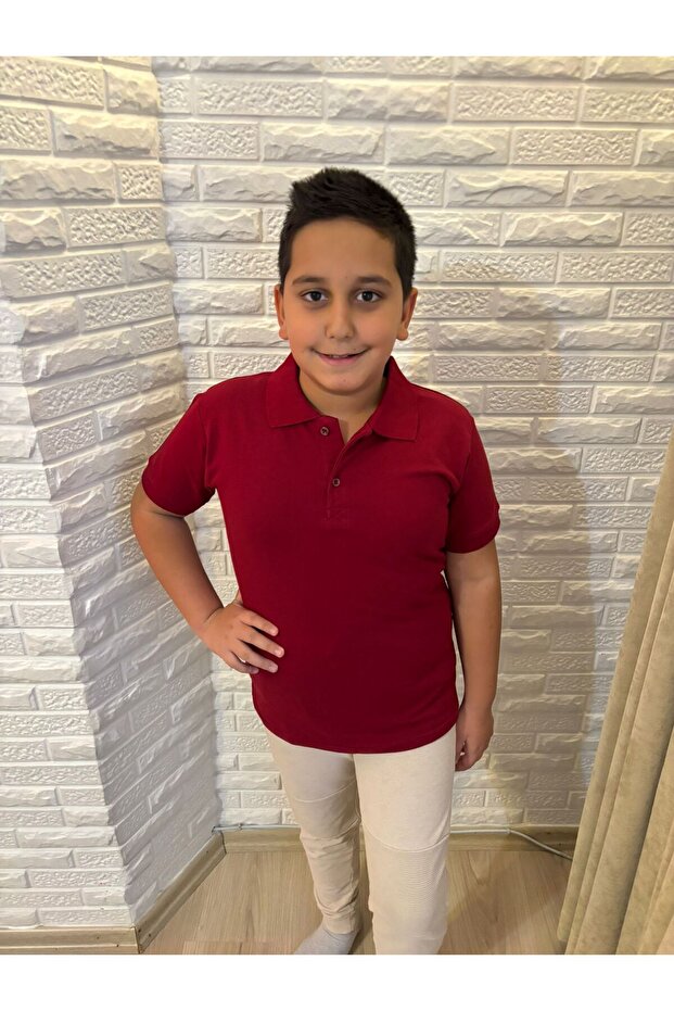Polo Collar Burgundy Short Sleeve Cotton School T-Shirt