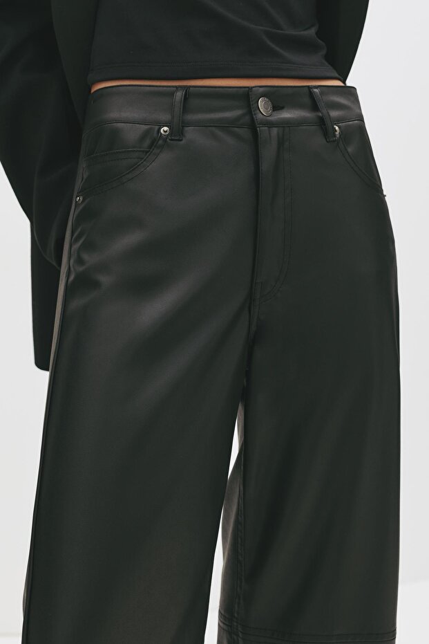 Suni deri düz kesim pantolon - 4