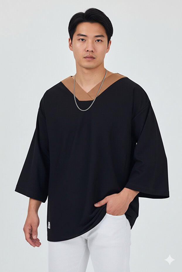 V-Neck 4/3 Sleeve Oversized T-Shirt with Ruffles Off-Shoulder