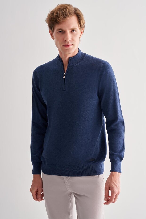 Indigo Zippered High Collar Long Sleeve Without Pockets Comfort Fit Classic Cotton Knitwear Sweater 1012255201