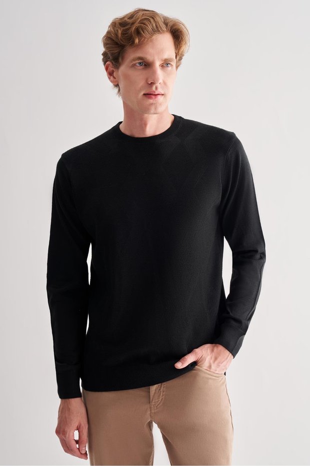 Black Crew Neck Long Sleeve Pocketless Comfort Fit Classic Wool Knit Sweater 1012255207