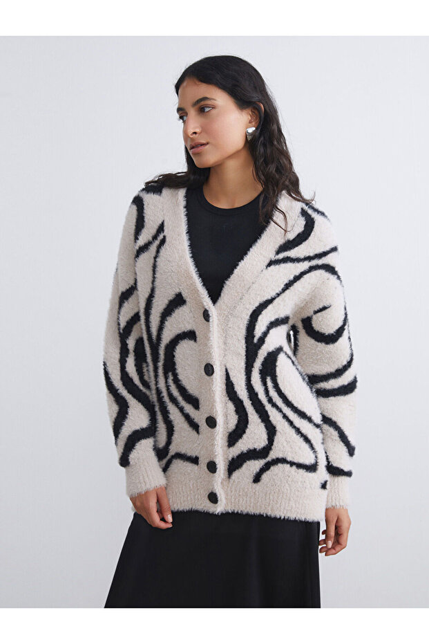 V-Neck Patterned Women's Knitwear Cardigan