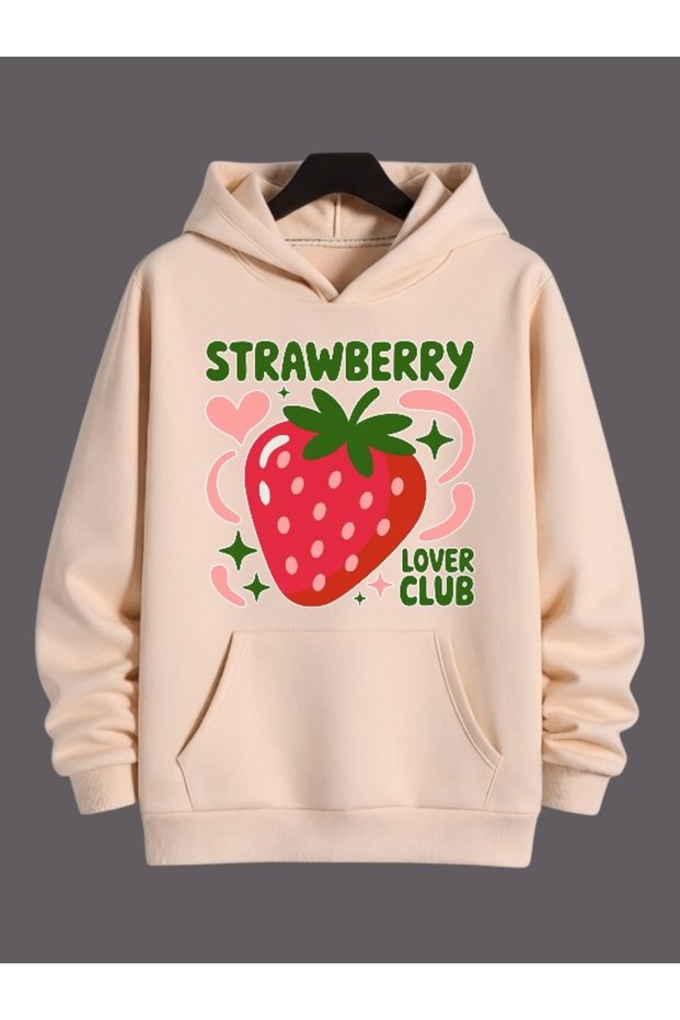 Unisex Strawberry Colored Custom Printed Cotton Oversize Hooded Sweatshirt